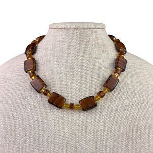 Vintage Womens Amber Glass Necklace Square Beads Brown Unique